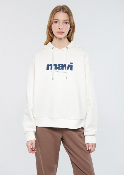 Kadın Mavi Logo Baskılı Kapüşonlu Ekru Sweatshirt 168334-81964