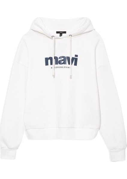 Kadın Mavi Logo Baskılı Kapüşonlu Ekru Sweatshirt 168334-81964