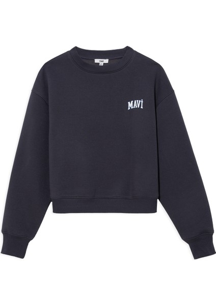 Kadın Mavi Logo Baskılı Gri Crop Sweatshirt 1611601-70763