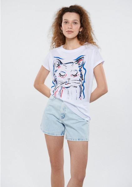 Kadın Kedi Baskılı Beyaz Tişört 1611335-620