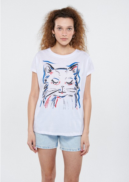 Kadın Kedi Baskılı Beyaz Tişört 1611335-620 fiyatları