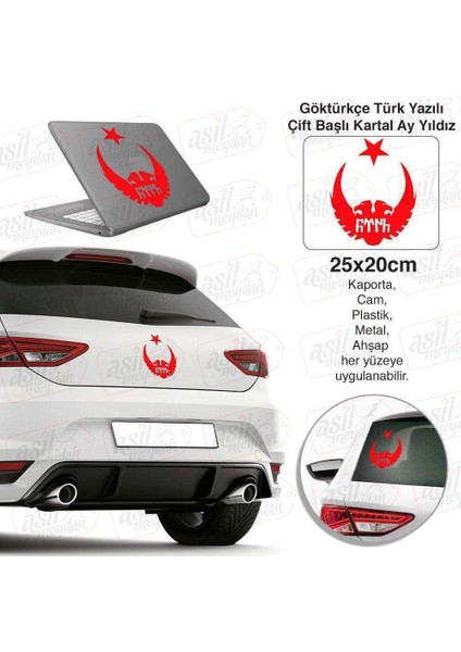 Selçuklu Çift Başlı Kartal Göktürkçe Türk Yazılı Ay Yıldız Kırmızı Sticker - Araç Oto Araba Etiket,