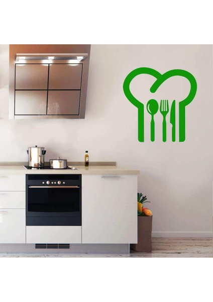 Aşçı Şapkası Mutfak Gereçleri Sembolü Silüeti Dekoratif Mutfak Duvar Sticker, Çıkartma Yeşil