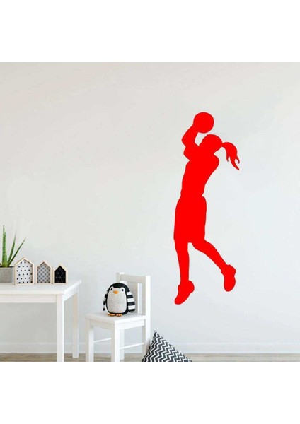 Basket Atan Kadın Basketbol Oyuncu Silüeti Dekoratif Genç Odası Duvar Sticker, Çıkartma Kırmızı