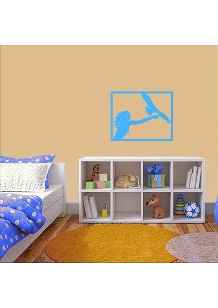Vahşi Yırtıcı Kuş Eğitmeni Kadın Silüeti Dekoratif Duvar Sticker, Çıkartma Mavi