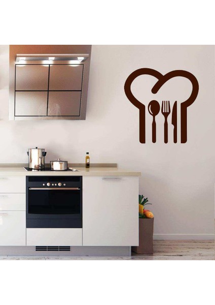 Aşçı Şapkası Mutfak Gereçleri Sembolü Silüeti Dekoratif Mutfak Duvar Sticker, Çıkartma Kahverengi