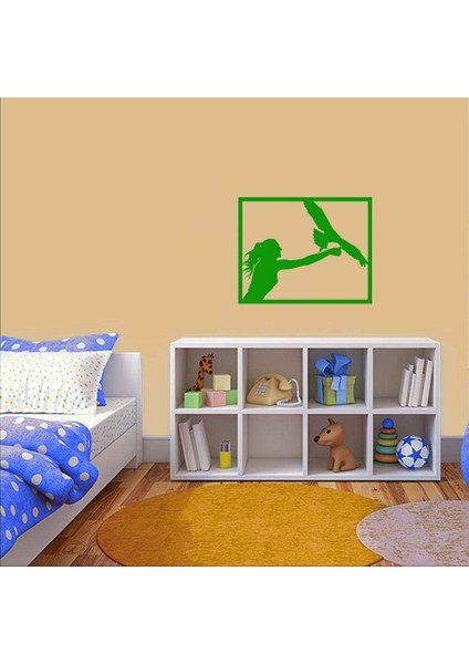 Vahşi Yırtıcı Kuş Eğitmeni Kadın Silüeti Dekoratif Duvar Sticker, Çıkartma Yeşil
