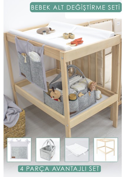 Mordesign 4 Parça Avantajlı Set, Bebek Alt Değiştirme Masası ve Pedi, Bağlamalı ve Sepet Keçe Organizer