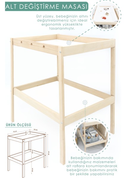 Mordesign 4 Parça Avantajlı Set, Bebek Alt Değiştirme Masası ve Pedi, Bağlamalı ve Sepet Keçe Organizer