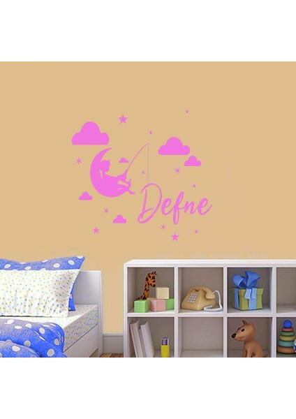 Gökyüzünde Ay'ın Üzerinde Olta Tutan Çocuk - Isme Özel Dekoratif Çocuk Odası Duvar Sticker, Çıkartm Pembe