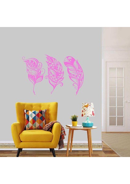 Desenli Çizgisel Tüyler Büyük Boy Dekoratif Duvar Sticker, Çıkartma, Etiket Pembe