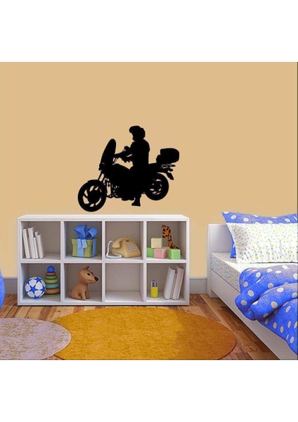 Kasklı Motorcu Silüeti Dekoratif Duvar Sticker, Çıkartma, Etiket Siyah