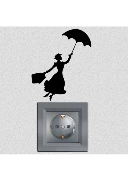 2 Adet Mary Poppins Siluet Çocuk Odası Dekoratif Priz Sticker Duvar Çıkartma, Etiket