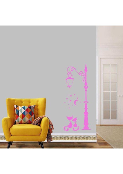 Sokak Lambası Altındaki Aşık Kediler Dekoratif Duvar Sticker, Çıkartma, Etiket Pembe