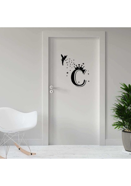 Uçan Peri Kızı -Taçlı Isim Baş Harfi Tasarımlı Dekoratif Kapı Sticker, Çıkartma