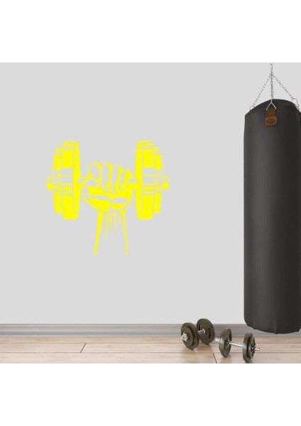 Dumbell Tutan El, Fitness Dekoratif Duvar Sticker, Çıkartma, Etiket Sarı