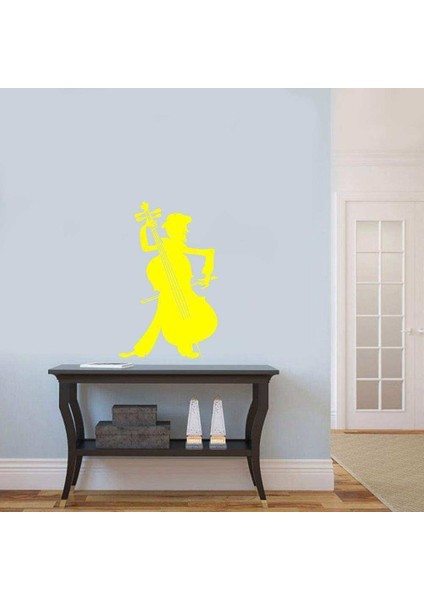 Çello ve Müzisyen Silüeti Dekoratif Duvar Sticker, Çıkartma, Etiket Sarı