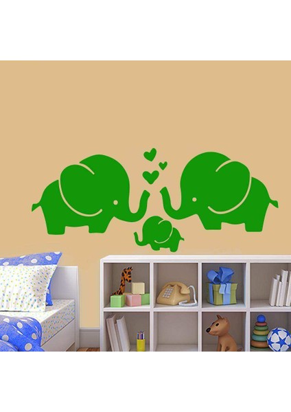 Anne Baba ve Çocuk Fil - Mutlu Aile Silüeti Dekoratif Duvar Sticker, Çıkartma Yeşil