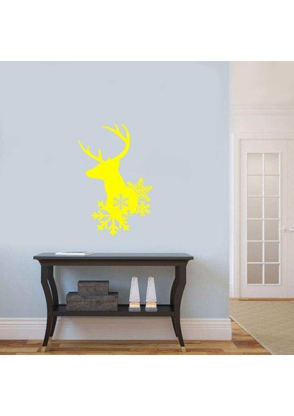 Kar Kristalleri ve Geyik Silüeti Dekoratif Duvar Sticker, Çıkartma Sarı