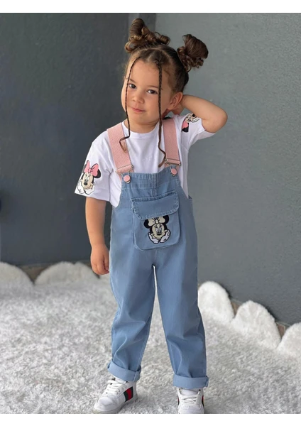 Hira Kids Collection Kız Çocuk Minnie Mouse Baskılı Kot Salopet ve Tshirt