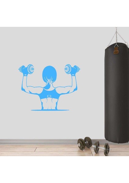 Dumbell Çalışan Kız, Fitness Dekoratif Duvar Sticker, Çıkartma, Etiket Mavi
