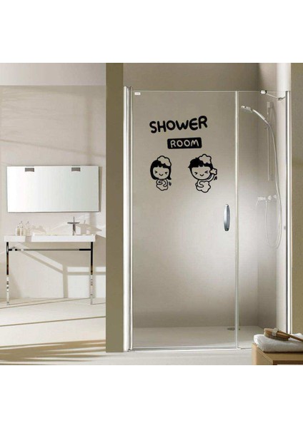 Shower Room Yazılı Kız ve Erkek Çocuk Silüeti Dekoratif Banyo Duvar Sticker, Çıkartma, Etiket Siyah
