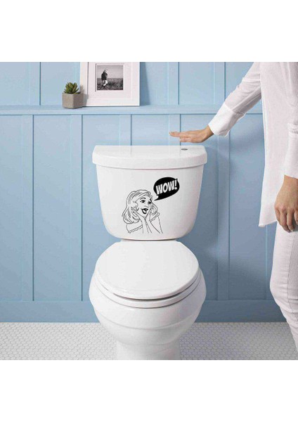 Wow Yazılı Şaşıran Kadın Silüeti Wc Dekoratif Duvar Sticker, Çıkartma, Etiket