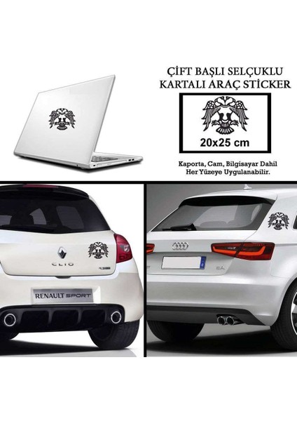 Çift Başlı Selçuklu Kartalı Siyah Oto Sticker -Araç Aksesuar - 20X25 cm