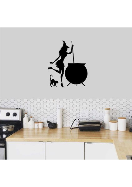 Yemek Yapan Cadı ve Sevimli Kedicik Silüeti Dekoratif Mutfak Duvar Sticker, Çıkartma, Etiket