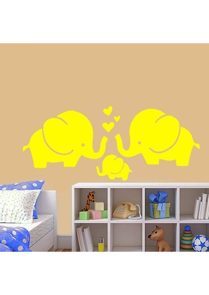 Anne Baba ve Çocuk Fil - Mutlu Aile Silüeti Dekoratif Duvar Sticker, Çıkartma Sarı