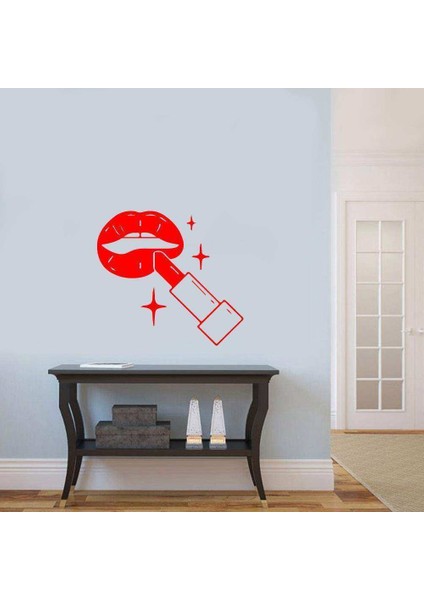 Ruj Sürülen Dolgun Dudaklar Silüeti Duvar Sticker, Çıkartma Kırmızı