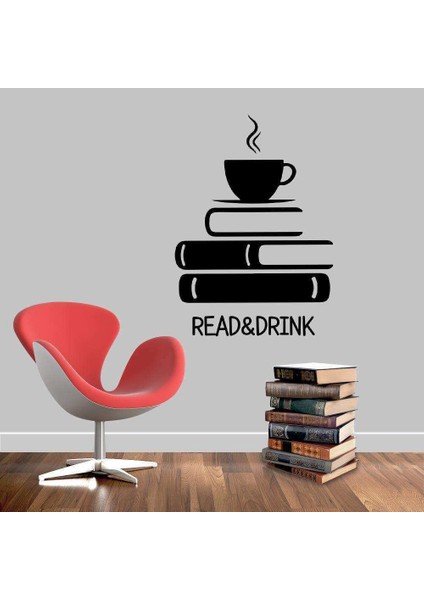 Read Drink Yazılı - Kahve ve Kitap Silüeti Dekoratif Duvar Sticker, Çıkartma, Etiket