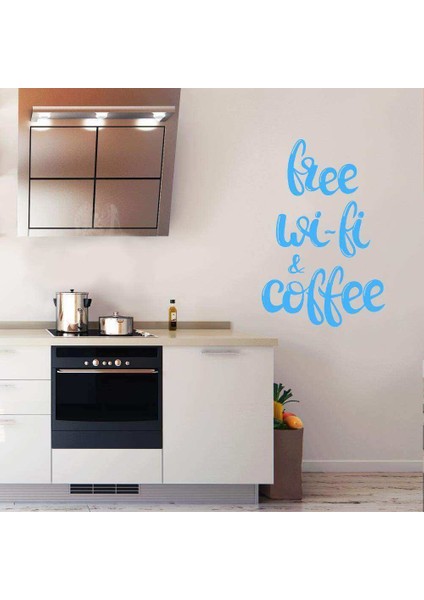 Free Wifi And Coffee Yazılı Dekoratif Duvar Sticker, Çıkartma, Etiket Mavi