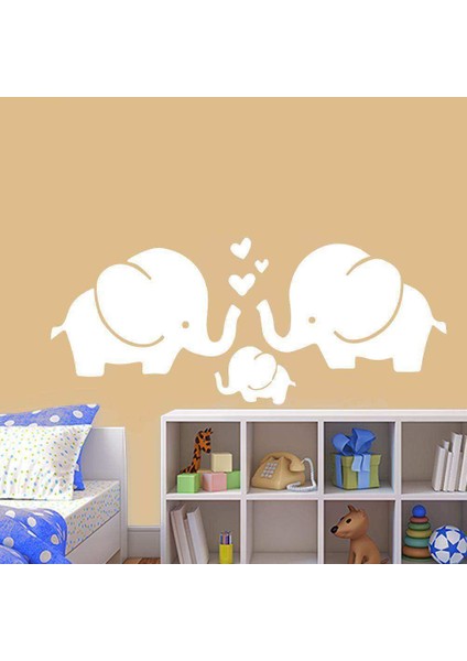 Anne Baba ve Çocuk Fil - Mutlu Aile Silüeti Dekoratif Duvar Sticker, Çıkartma Beyaz
