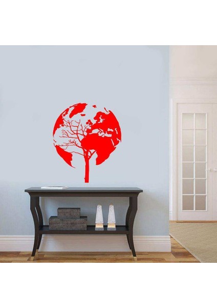 Ağaç Şeklinde Dünya Haritası Silüeti Duvar Sticker, Çıkartma Kırmızı