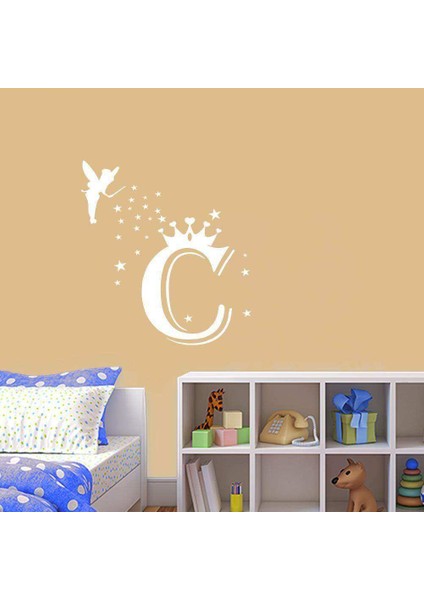Uçan Peri Kızı -Taçlı Isim Baş Harfi Tasarımlı Kişiye Özel Dekoratif Çocuk Odası Duvar Sticker, Çık Beyaz