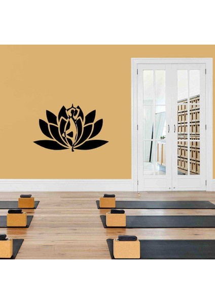 Lotus Çiçeği ve Yoga Yapan Insan Silüeti Dekoratif Duvar Sticker, Çıkartma, Etiket