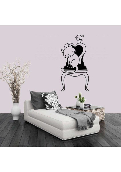 Koltukta Kuş ve Kedi Dekoratif Duvar Sticker, Çıkartma, Etiket