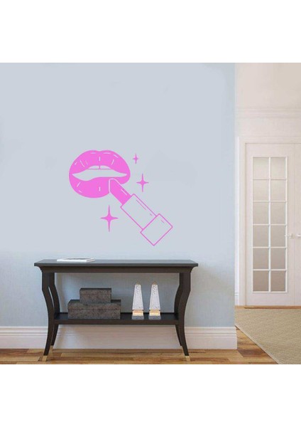 Ruj Sürülen Dolgun Dudaklar Silüeti Duvar Sticker, Çıkartma Pembe