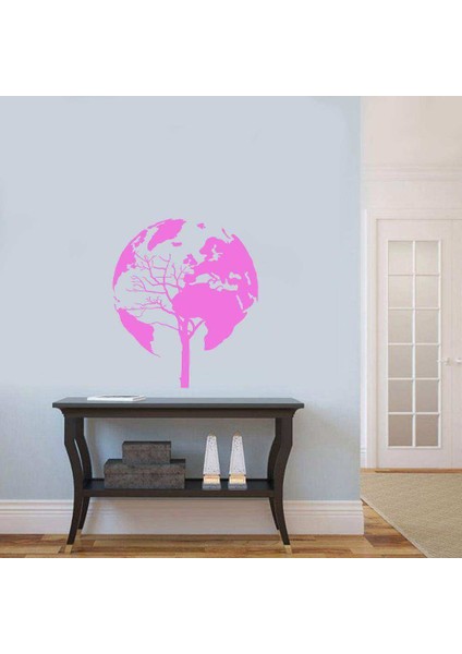 Ağaç Şeklinde Dünya Haritası Silüeti Duvar Sticker, Çıkartma Pembe