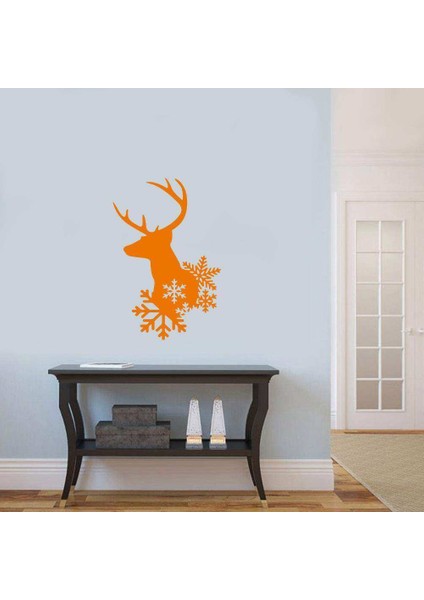 Kar Kristalleri ve Geyik Silüeti Dekoratif Duvar Sticker, Çıkartma Turuncu