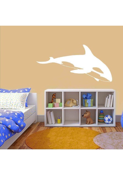 Kıvrak Balina Silüeti Dekoratif Genç Odası Duvar Sticker, Çıkartma Beyaz