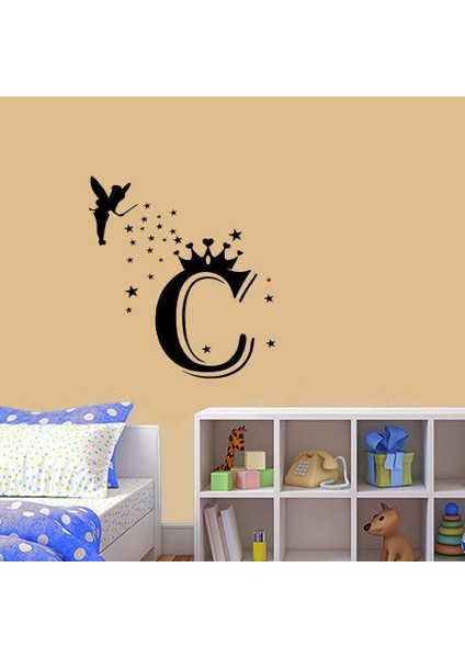 Uçan Peri Kızı -Taçlı Isim Baş Harfi Tasarımlı Kişiye Özel Dekoratif Çocuk Odası Duvar Sticker, Çık