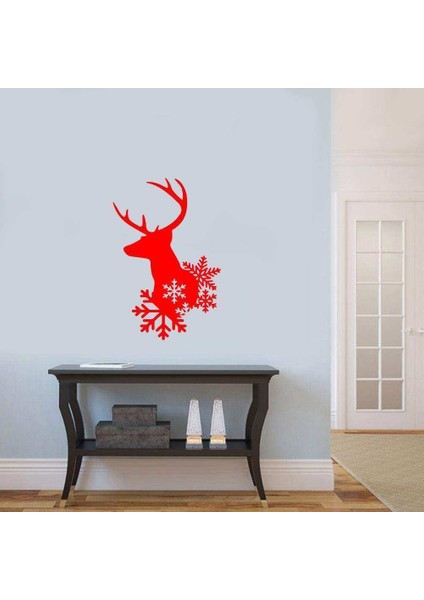 Kar Kristalleri ve Geyik Silüeti Dekoratif Duvar Sticker, Çıkartma Kırmızı