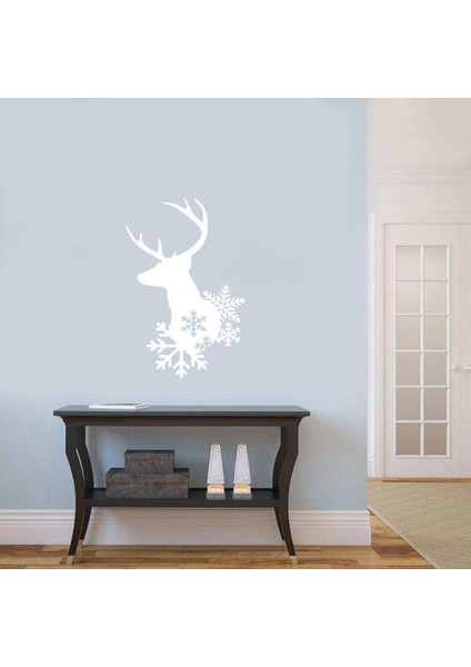 Kar Kristalleri ve Geyik Silüeti Dekoratif Duvar Sticker, Çıkartma Beyaz