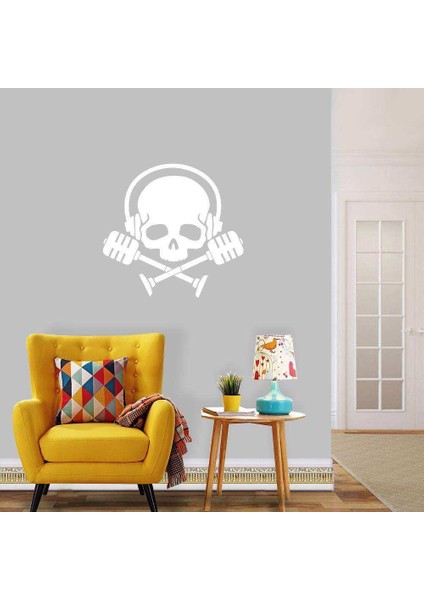 Müzik Dinleyen Kurukafa Silüeti Dekoratif Duvar Sticker, Çıkartma, Etiket Beyaz