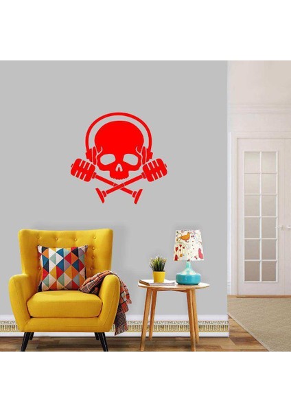 Müzik Dinleyen Kurukafa Silüeti Dekoratif Duvar Sticker, Çıkartma, Etiket Kırmızı