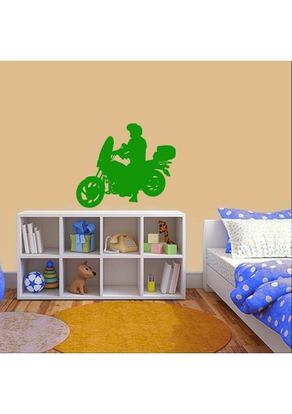 Kasklı Motorcu Silüeti Dekoratif Duvar Sticker, Çıkartma, Etiket Yeşil