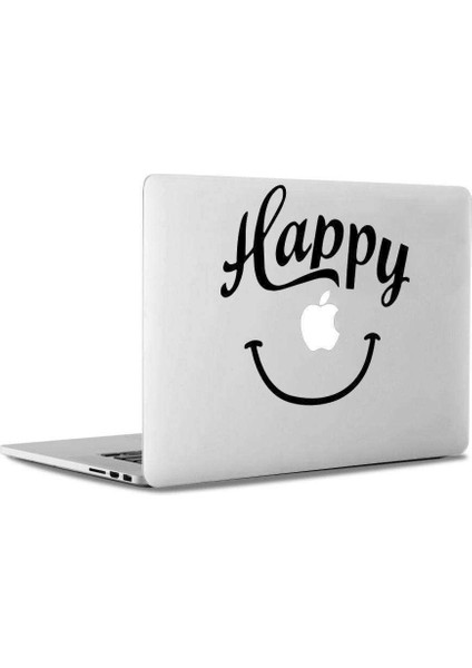Happy Yazısı ve Gülümseme Silueti Mac Book Laptop Sticker, Etiket, Çıkartma