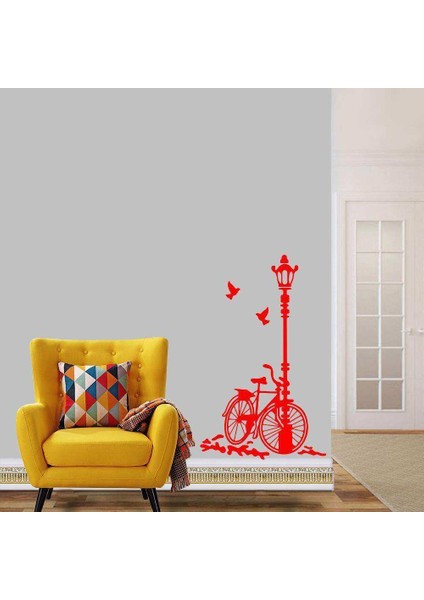 Sokak Lambası Bisiklet Büyük Boy Romantik Tema Dekoratif Duvar Sticker, Çıkartma, Etiket Kırmızı